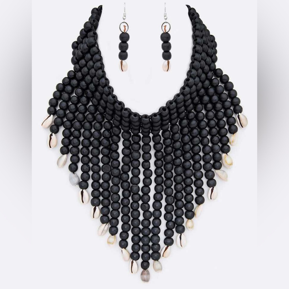 Black Wooden Ball Beaded Statement Necklace Set
